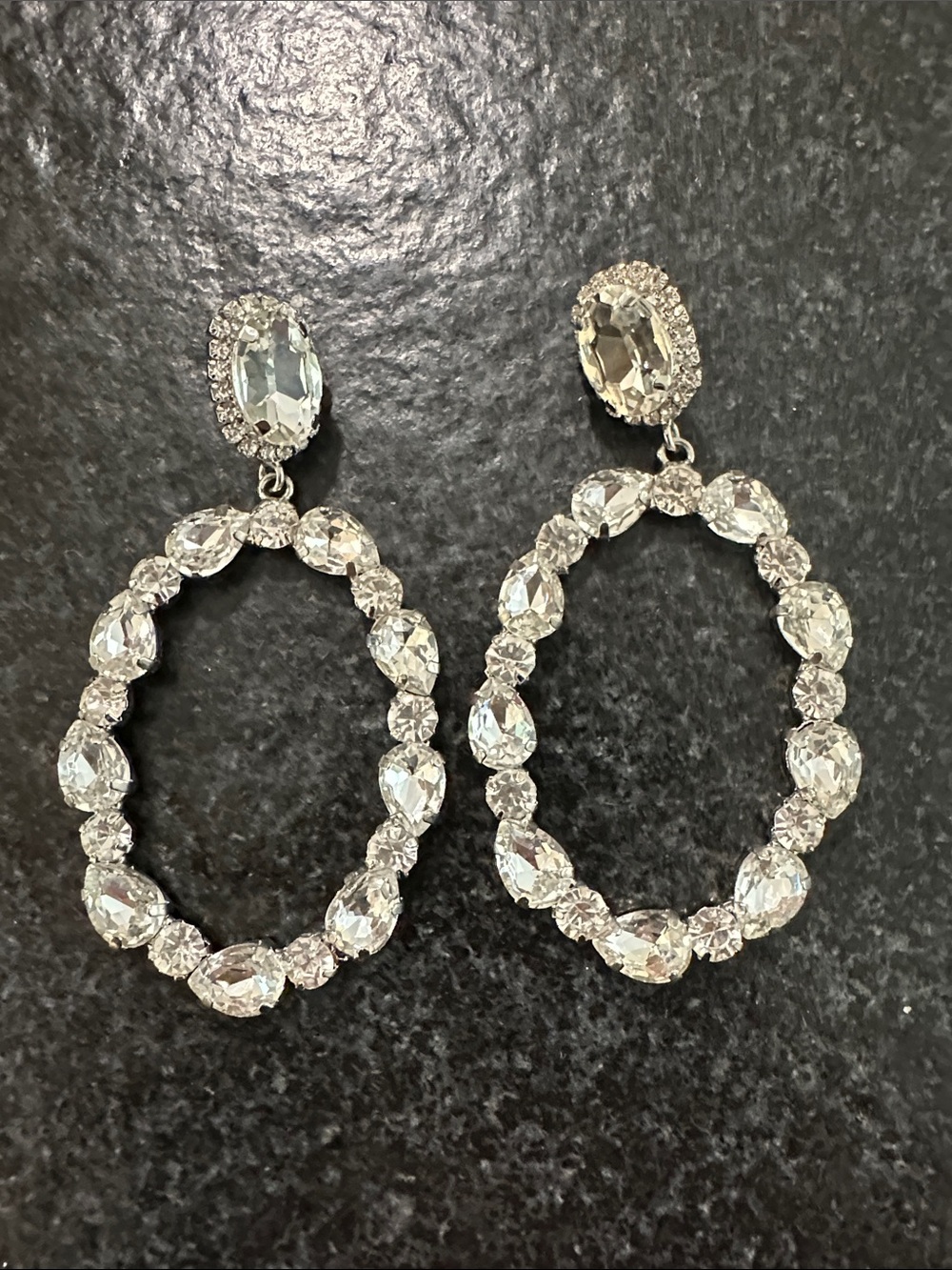 Crystal Oval Drop Earrings - Silver Tone